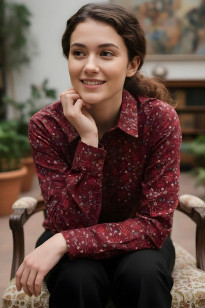 Burgundy Micro-Floral Satin Shirt