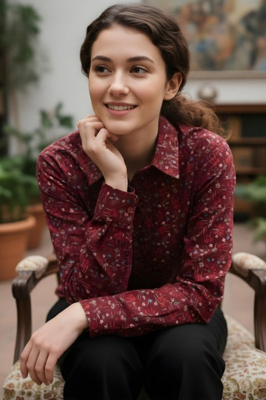 Burgundy Micro-Floral Satin Shirt