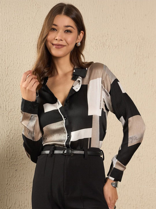 Monochrome Block Print Button-Down Shirt