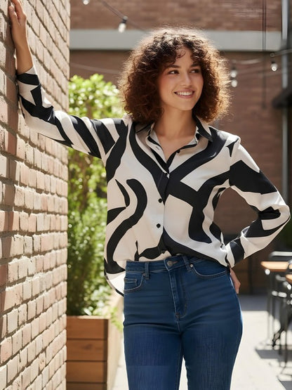 Black & Ivory Abstract Curve Print Shirt