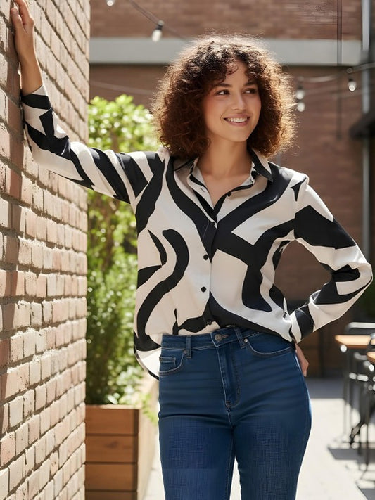 Black & Ivory Abstract Curve Print Shirt