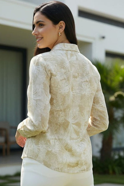 Sand Beige Leaf-Print Linen Shirt