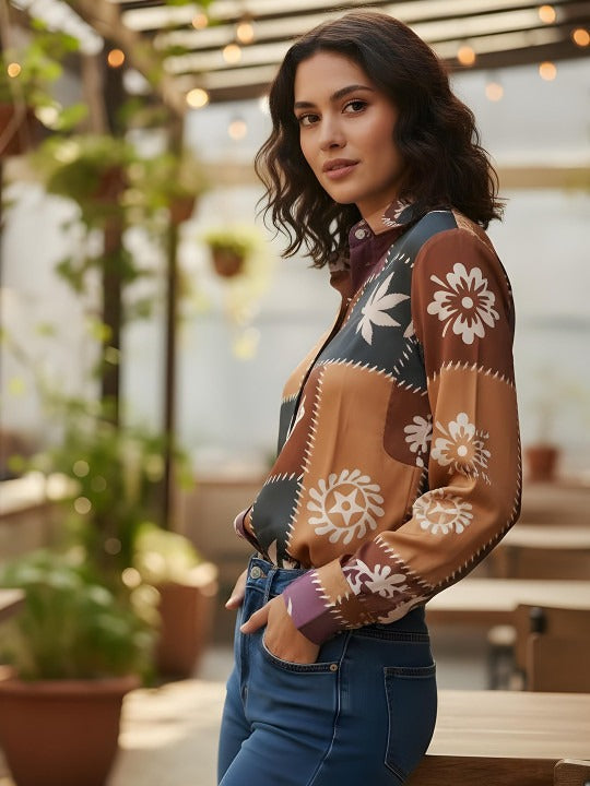 Brown & Black Patchwork Motif Shirt