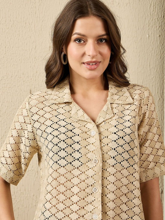 Beige Textured Crochet Shirt