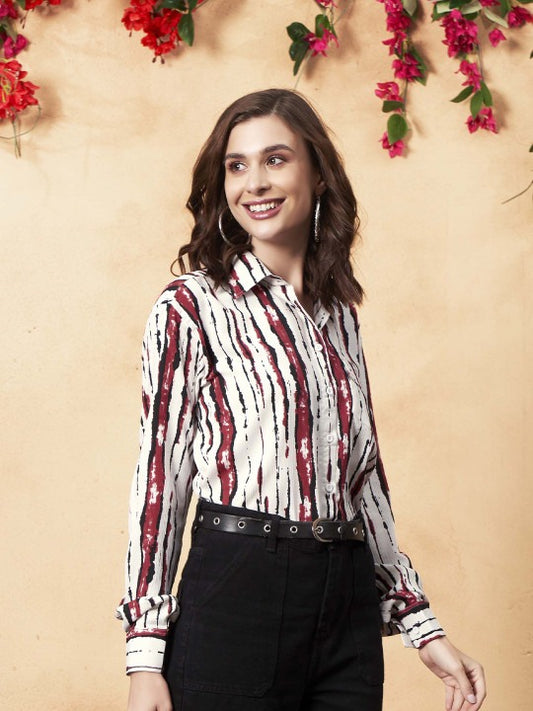 White & Maroon Abstract Stripe Shirt