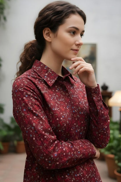 Burgundy Micro-Floral Satin Shirt