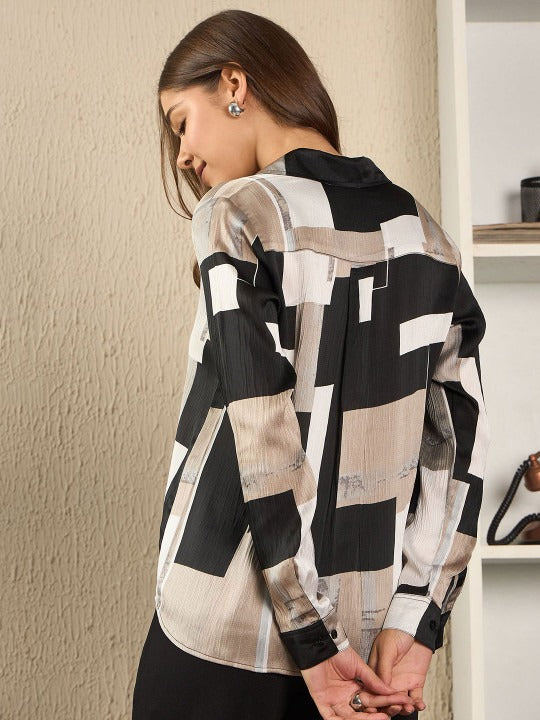 Monochrome Block Print Button-Down Shirt