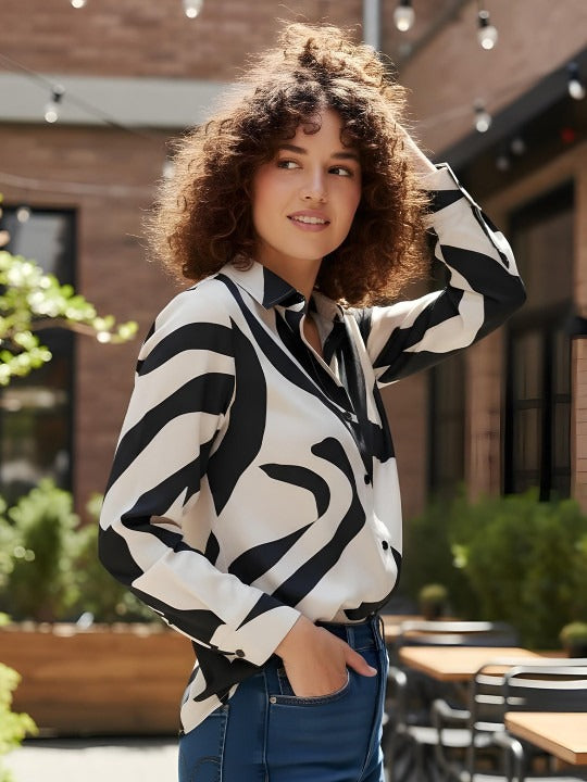 Black & Ivory Abstract Curve Print Shirt