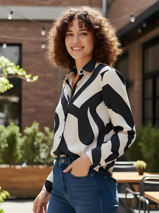 Black & Ivory Abstract Curve Print Shirt