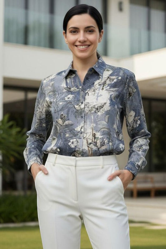 Blue Botanical Print Satin Shirt