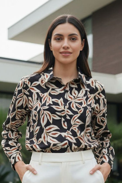 Black Leaf Print Fluid Shirt