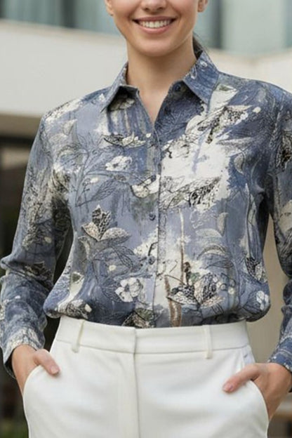 Blue Botanical Print Satin Shirt
