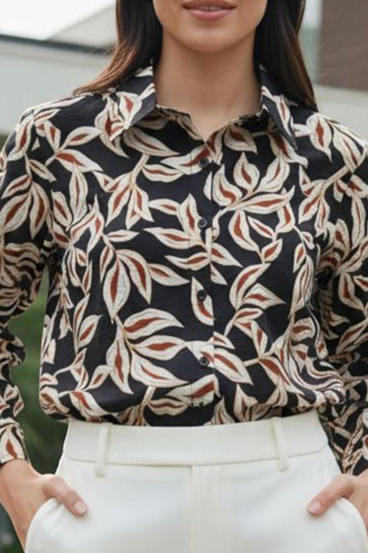Black Leaf Print Fluid Shirt
