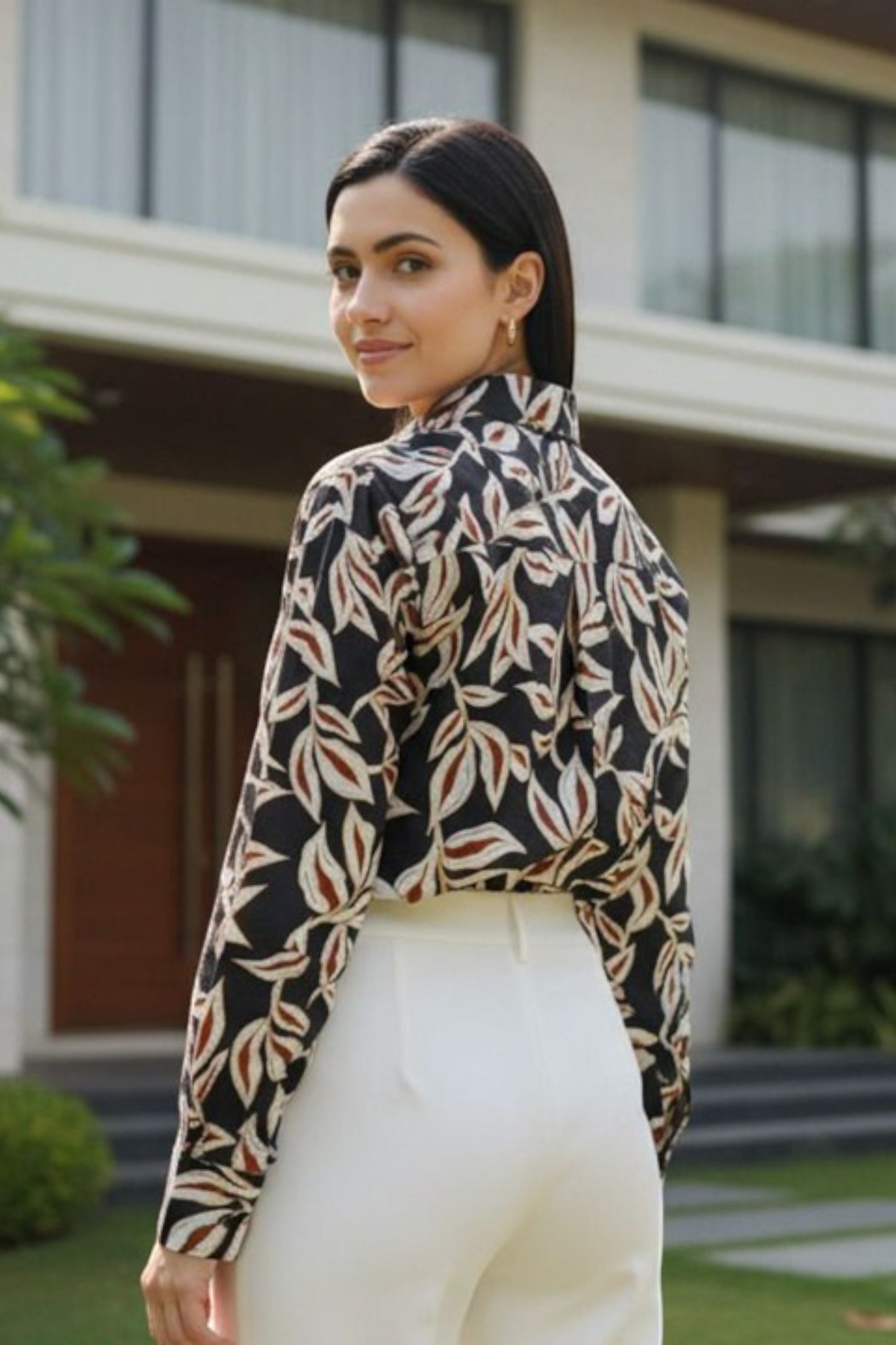 Black Leaf Print Fluid Shirt