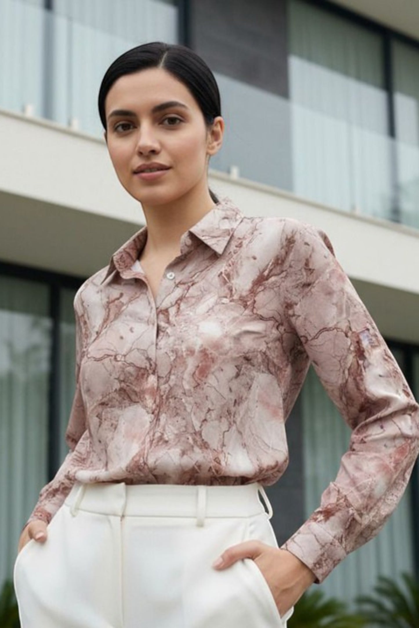 Rose Marble Print Satin Shirt