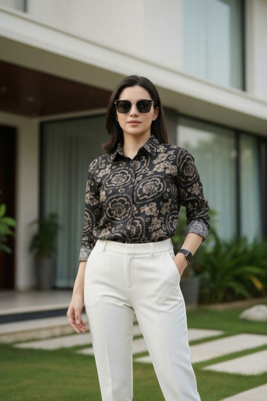 Black & Gold Abstract Floral Button-Down Shirt