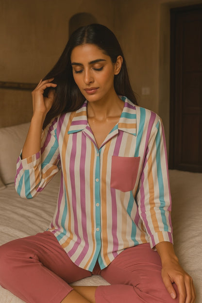 Sage Rose Pink Stripes Lounge Set